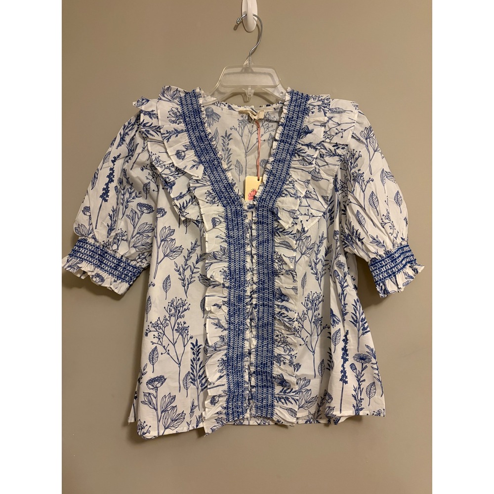 Entro Becca Floral Top Women Medium White Blue Smocked Ruffle Cotton Boho Blouse